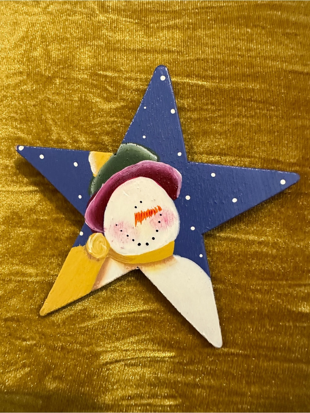 Hand Crafted Blue Star Snowman Brooch with Gold and Pink Accents - Picture 5 of 7